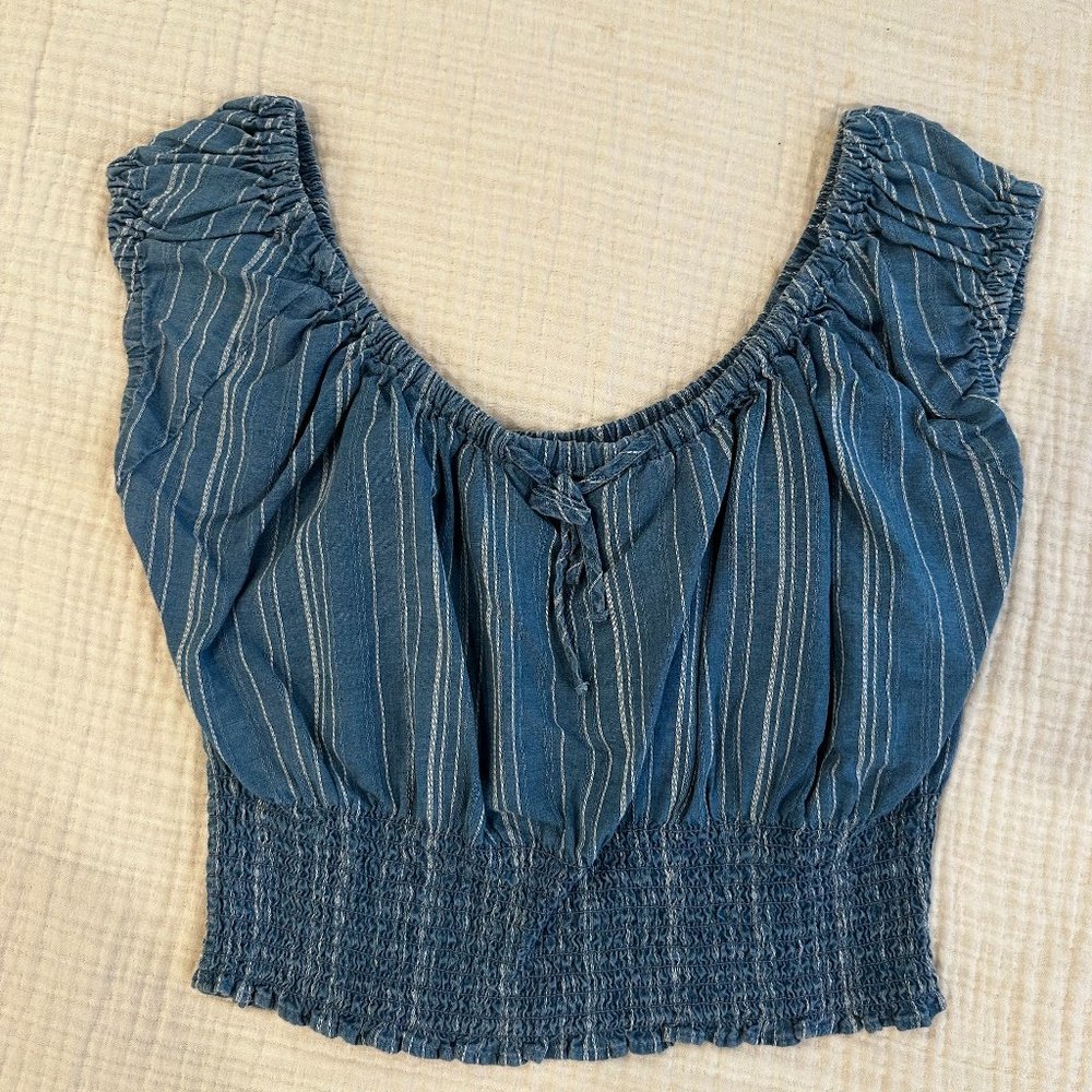 AE Striped Blue Crop Off the Shoulder Top
